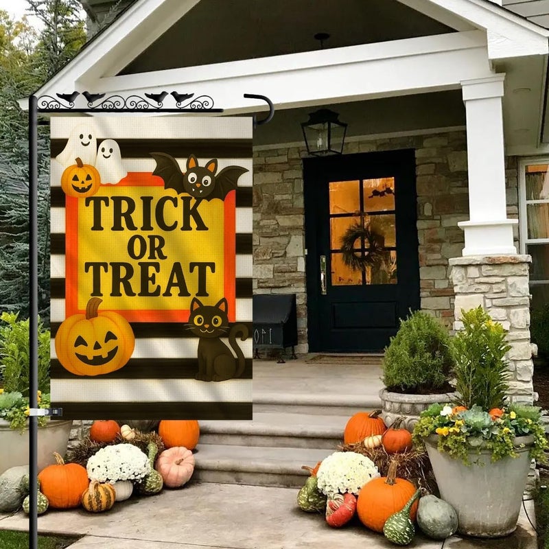 KarvePro Halloween Garden Flag 12x18 Double Sided – Trick or Treat Yard Flag with Pumpkins, Ghosts, Bat, Cat – Fall Outdoor Burlap Halloween Flag for Garden or Lawn - Image 2